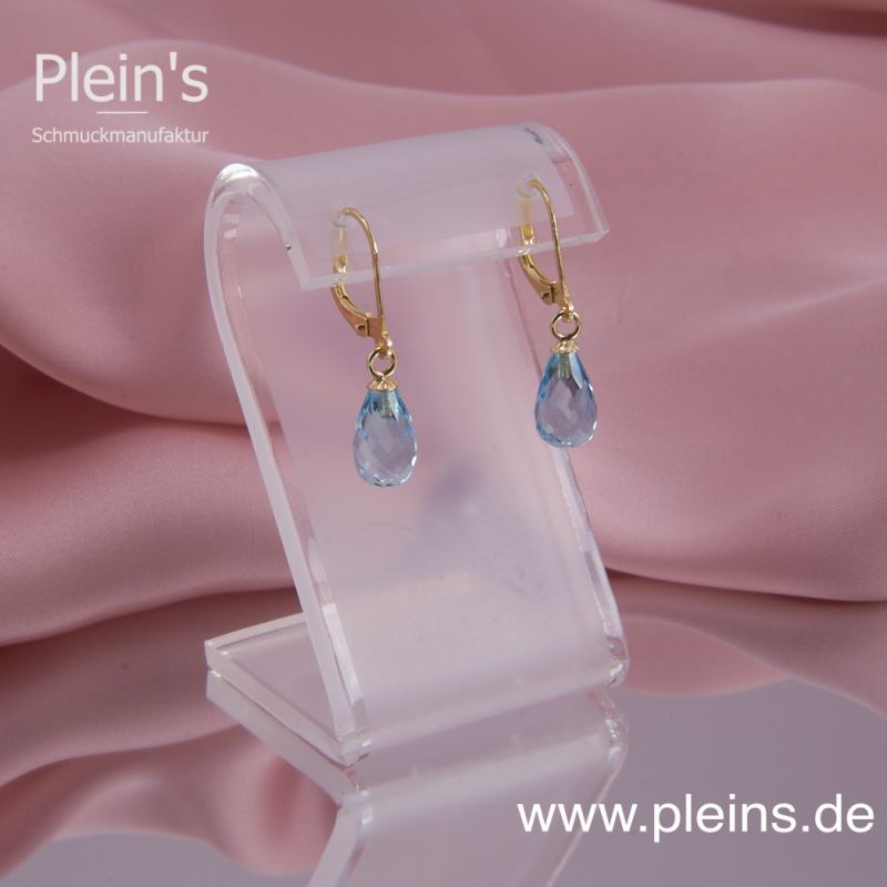 Preview: Gelbgold Ohrringe mit Blautopas Tropfen facettiert